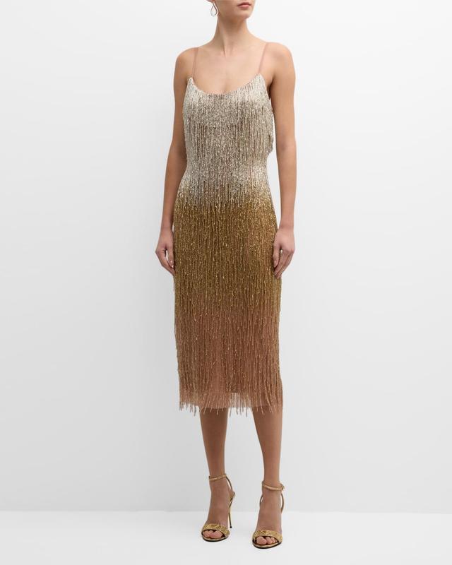 Sleeveless Ombre Bead-Fringe Midi Dress Product Image