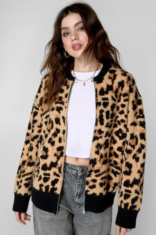 Leopard Jacquard Knit Bomber Jacket Product Image