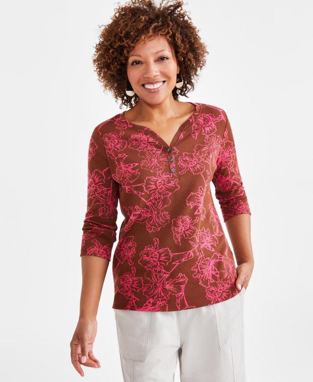 Style & Co Womens Printed 3/4-Sleeve Henley Tee, Created for Macys Product Image