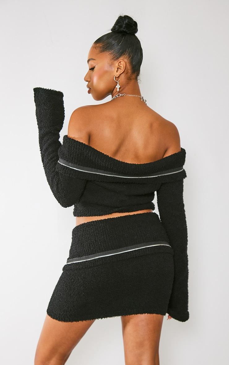  Black Fluffy Knit Fold Over Zipped Crop Top Product Image