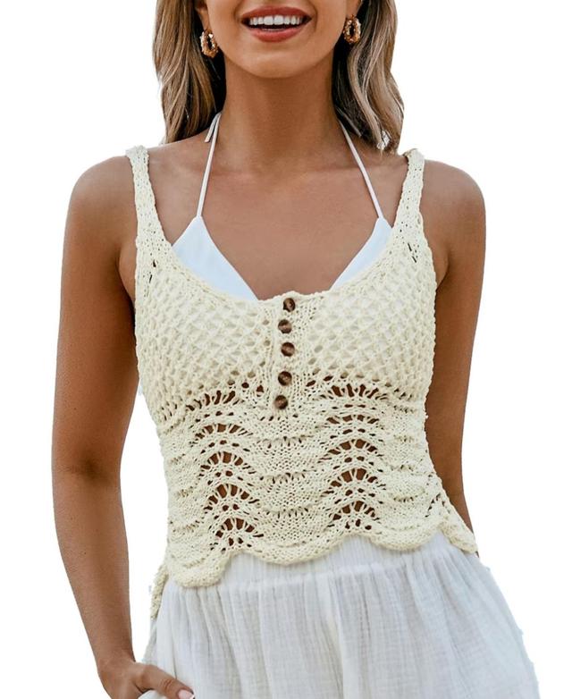 Cupshe Womens Crochet Buttoned Cover-Up Top - Beige Product Image