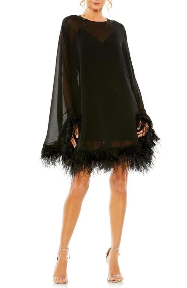 Long Sleeve Feather Trim Trapeze Minidress In Black Product Image