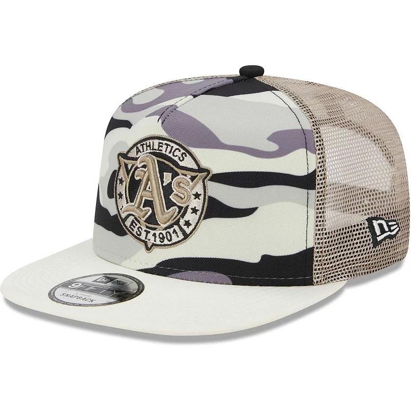 Mens New Era White Oakland Athletics Chrome Camo A-Frame 9FIFTY Trucker Snapback Hat Product Image