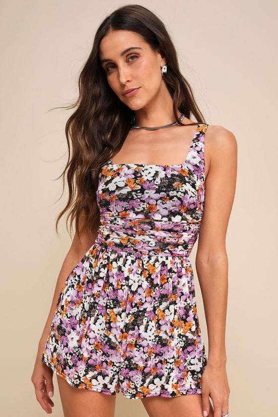 Truly Flirty Black Multi Floral Mesh Ruched Romper Product Image