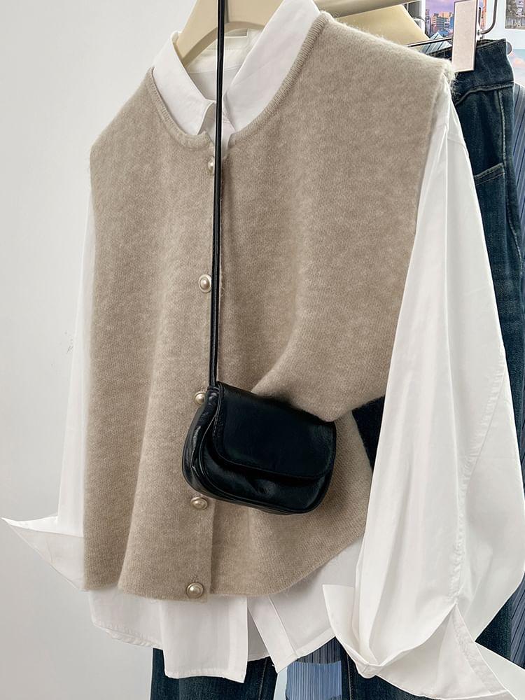 Round Neck Plain Button Sweater Vest Product Image