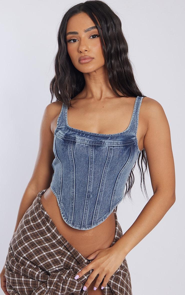 Petite Vintage Wash Denim Corset Top Product Image