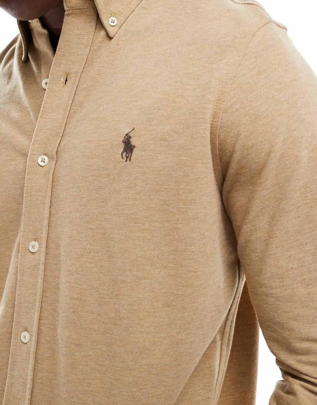 Polo Ralph Lauren icon logo pique shirt in heathered tan Product Image