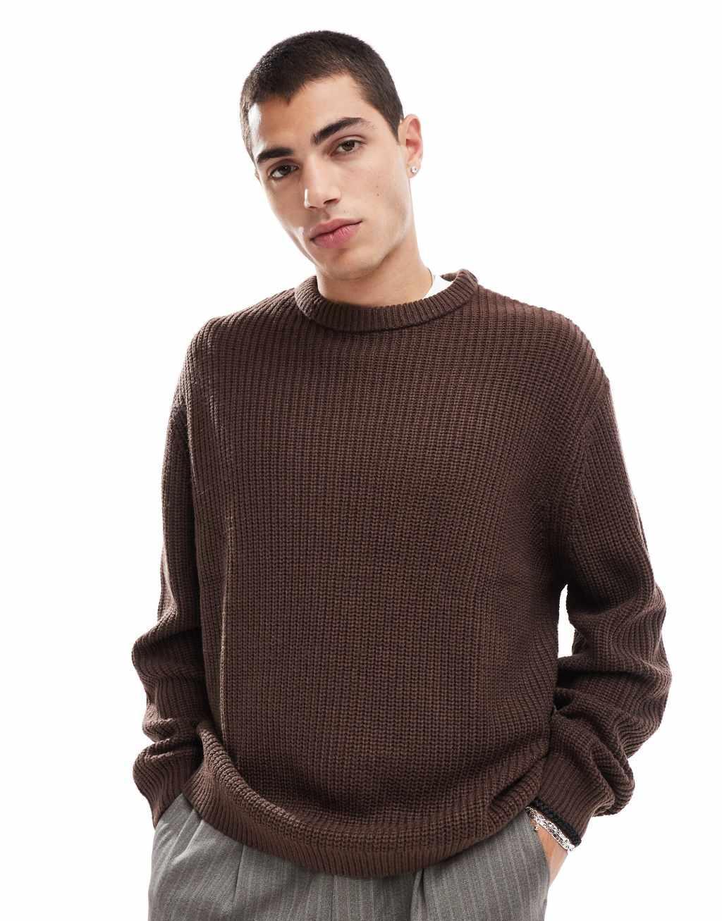 ASOS DESIGN oversized knitted fisherman rib sweater in chocolate brown Product Image