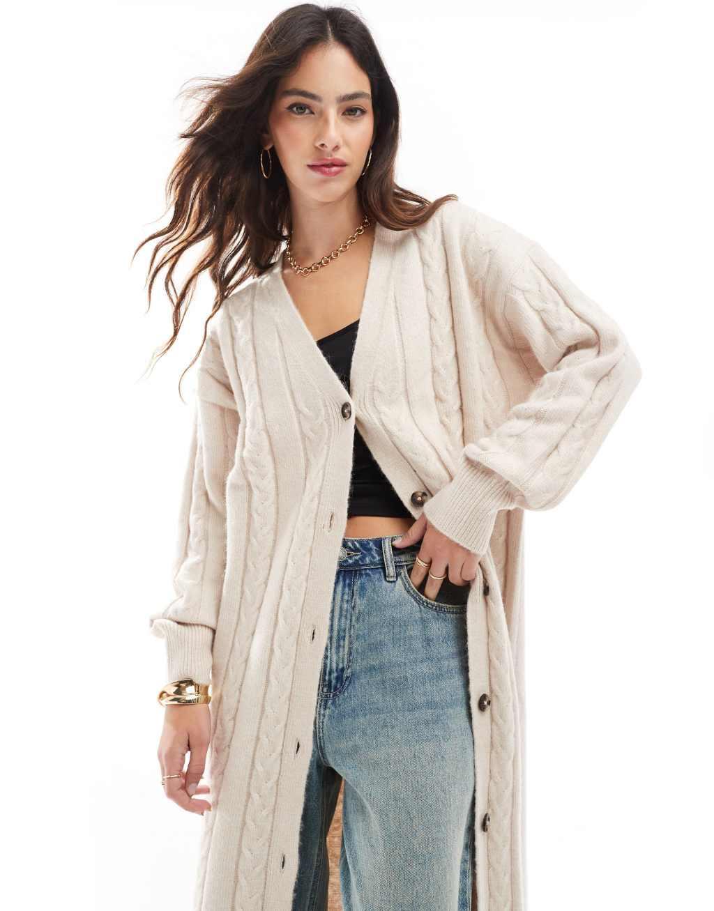 ASOS DESIGN maxi cardigan in cable knit in cream Product Image