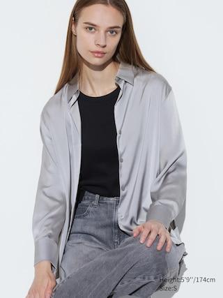 Womens Satin Long-Sleeve Blouse Gray XS UNIQLO US Product Image