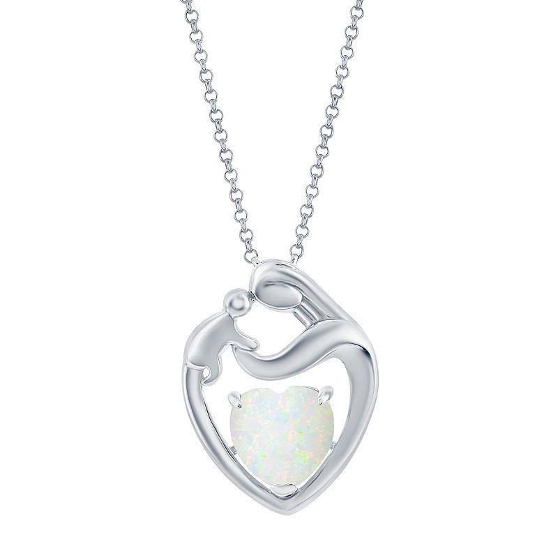 Sterling Silver Lab-Created White Opal Mother & Child Heart Necklace, Womens Product Image