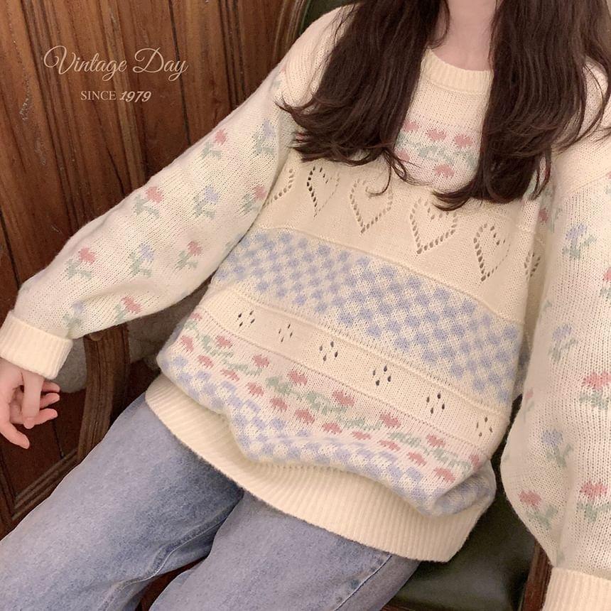 Crew Neck Checkerboard Floral Jacquard Sweater Product Image