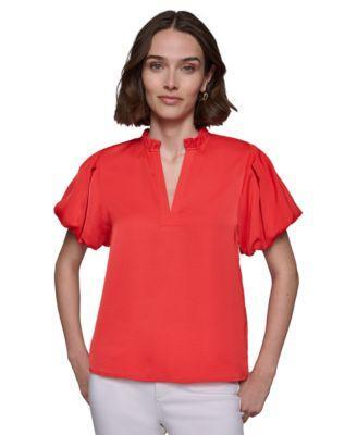 Karl Lagerfeld Paris Womens V-Neck Puff-Sleeve Blouse Product Image