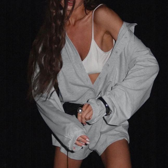 Long-Sleeve Button-Up Plain Romper Product Image