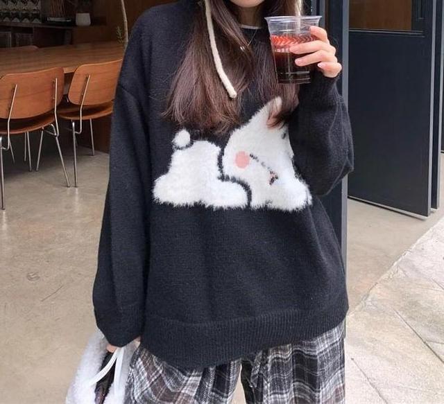 Long Sleeve Round Neck Bunny Oversized Sweater Product Image