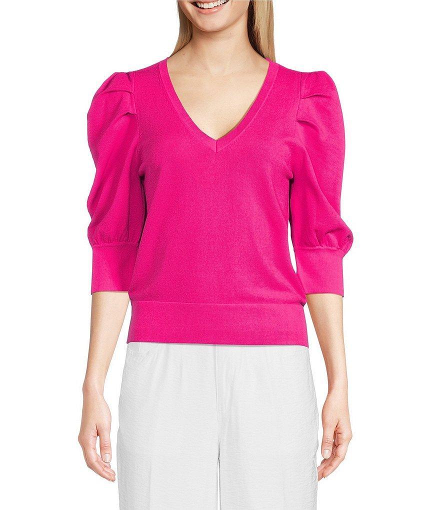 DKNY Knit V-Neck Short Puff Sleeve Blouse product image