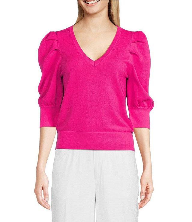 DKNY Knit V-Neck Short Puff Sleeve Blouse Product Image