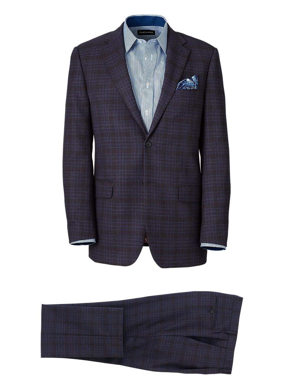 Wool Stretch Plaid Single Breasted Notch Lapel Suit - Brown/navy Product Image