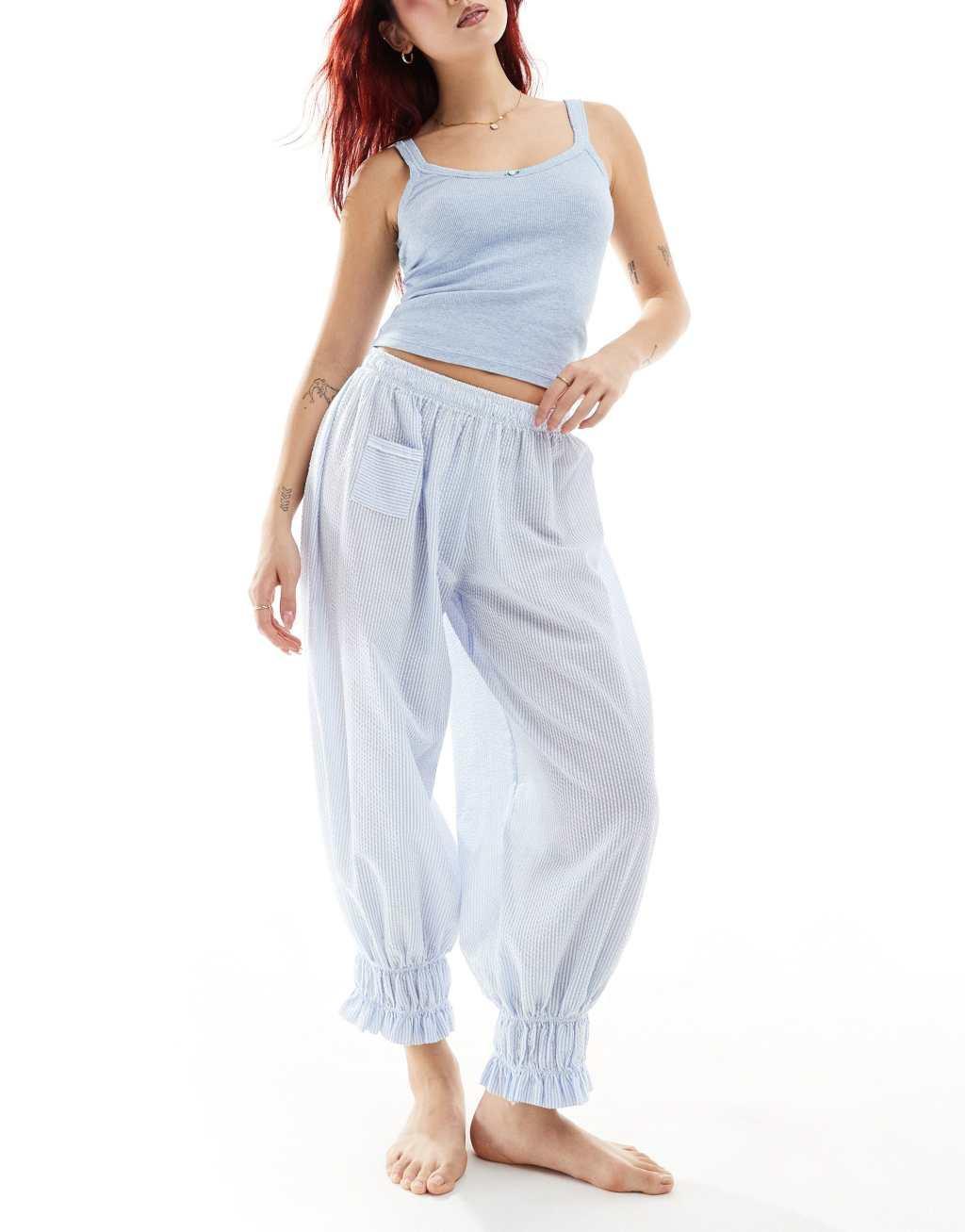 Free People pointelle tank and striped longline bloomer sleepwear set in light blue Product Image