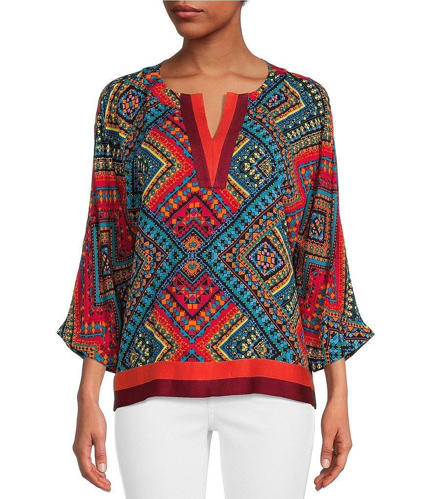 Tru Luxe Jeans Geometric Print 3/4 Dolman Sleeve Split Round Neck Knit Trim Top Product Image