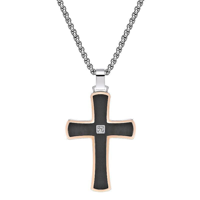 LYNX Mens Two Tone Stainless Steel Cubic Zirconia Cross Pendant Necklace Product Image