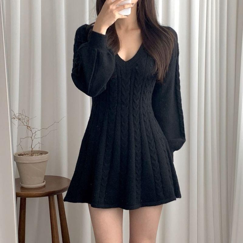 Long-Sleeve V-Neck Plain Cable Knit Mini A-Line Sweater Dress Product Image