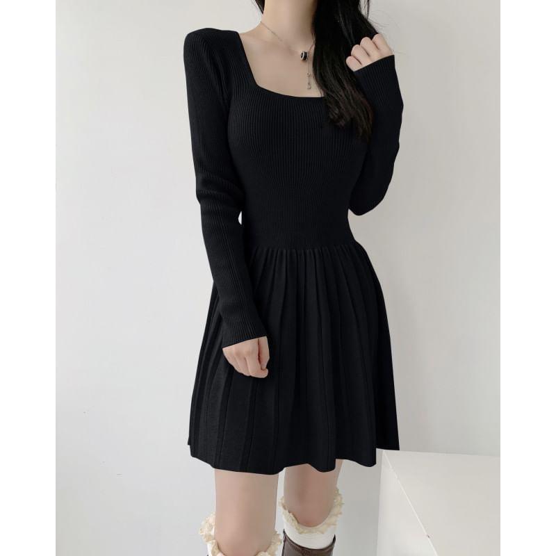 Long-Sleeve Square Neck Accordion Pleated Mini A-Line Knit Dress Product Image