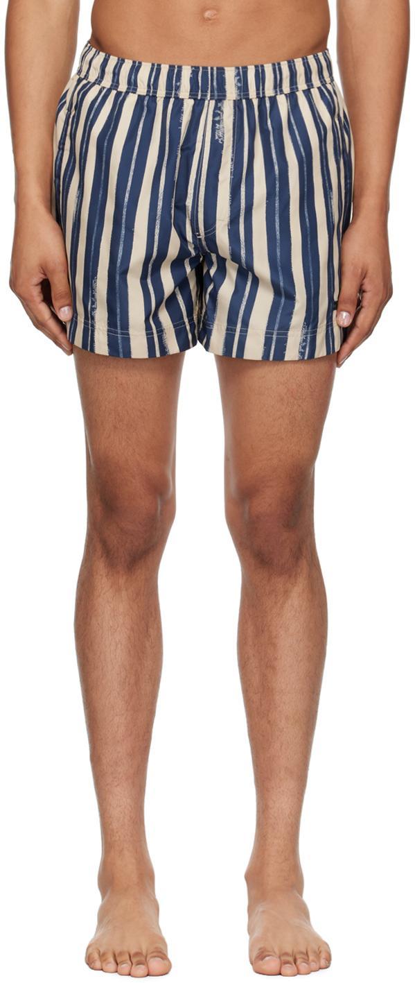 Navy & Tan Striped Swim Shorts Product Image