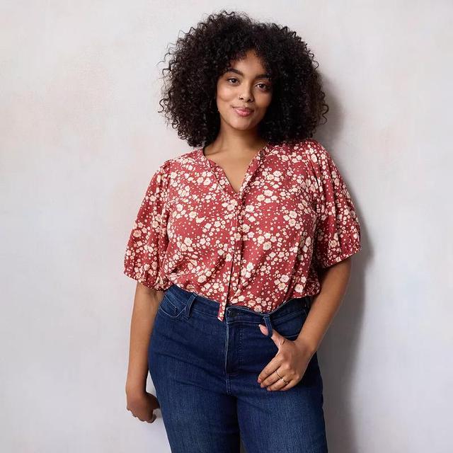 Plus Size LC Lauren Conrad Tie Front Puff Sleeve Top with Front Yoke, Womens Red Daisy Product Image