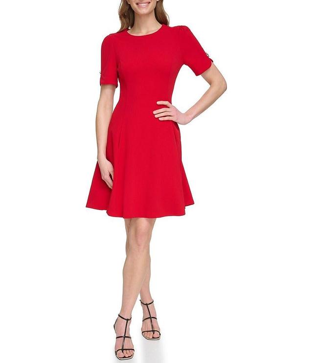 DKNY Scuba Crepe Crew Neck Short Sleeve Front Pocket Fit and Flare Dress Product Image