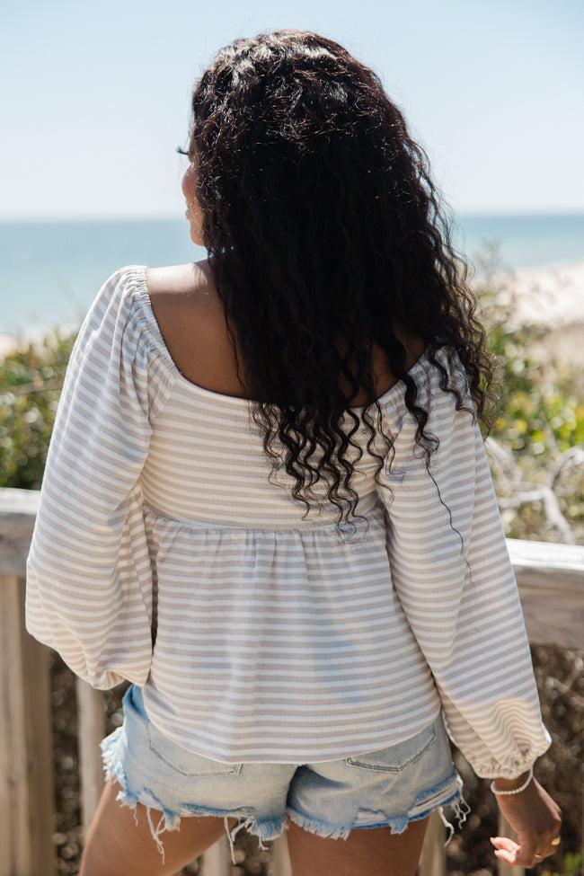 Sandy Paths Taupe Striped Knit Babydoll Top Product Image