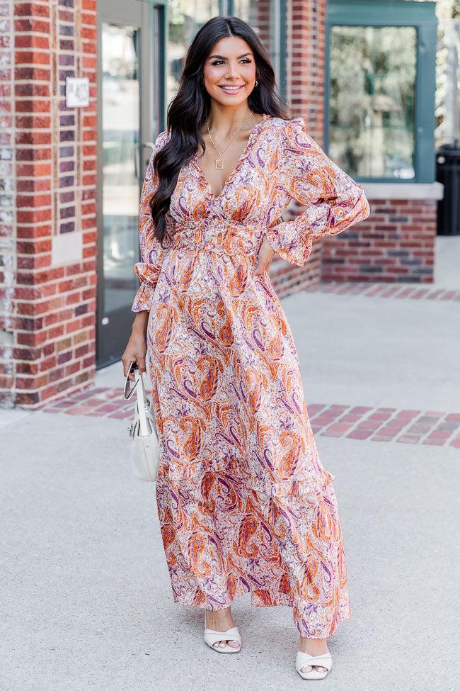 It's All A Dream Rust Multi Paisley Satin Ruffle Trim Maxi Dress FINAL SALE Product Image