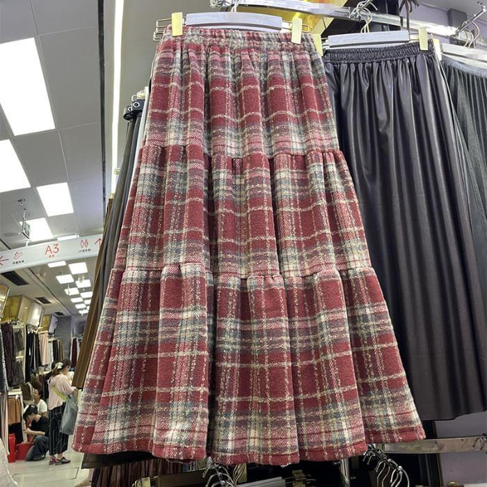 High Rise Plaid Midi A-Line Skirt Product Image