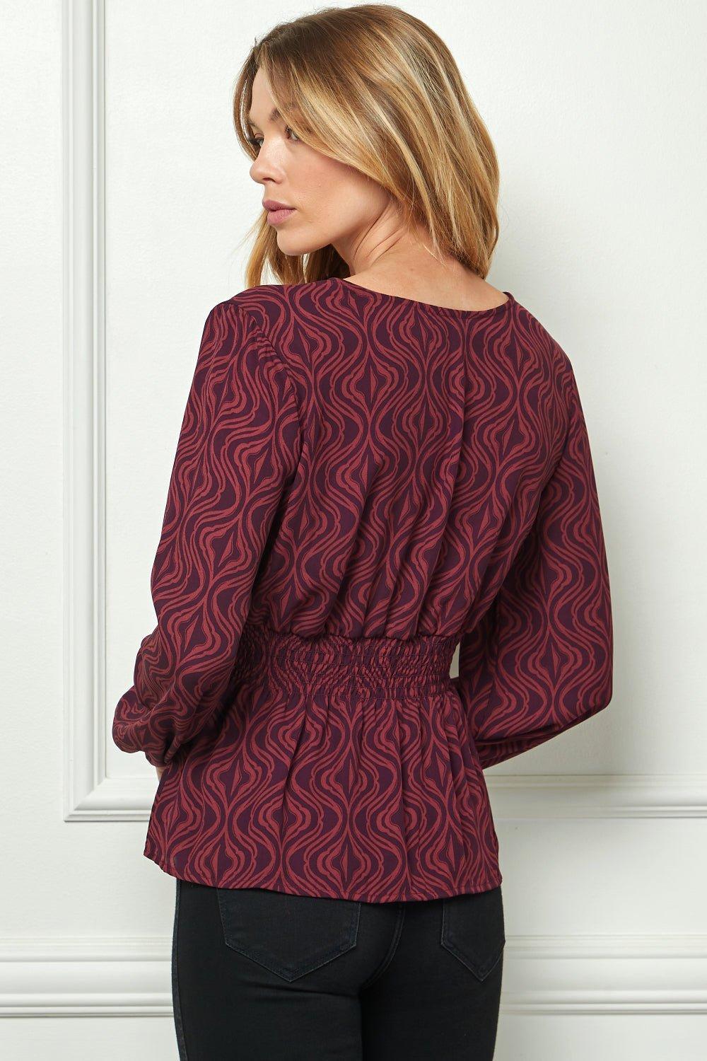 Burgundy Long Sleeve Smock Waist Blouse Product Image