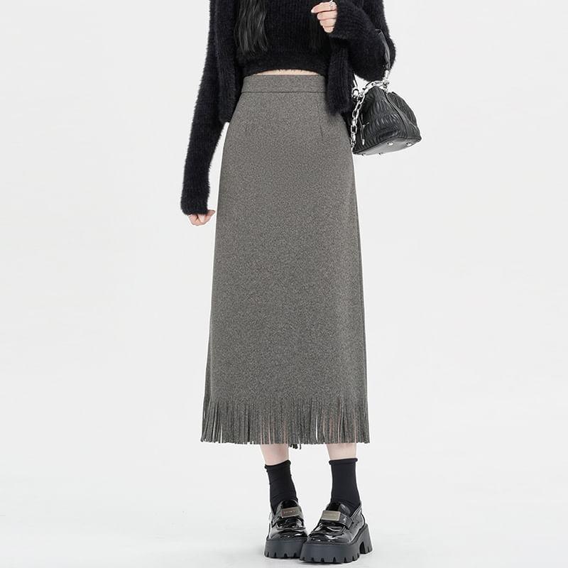 High Rise Plain Fringed Midi A-Line Skirt Product Image