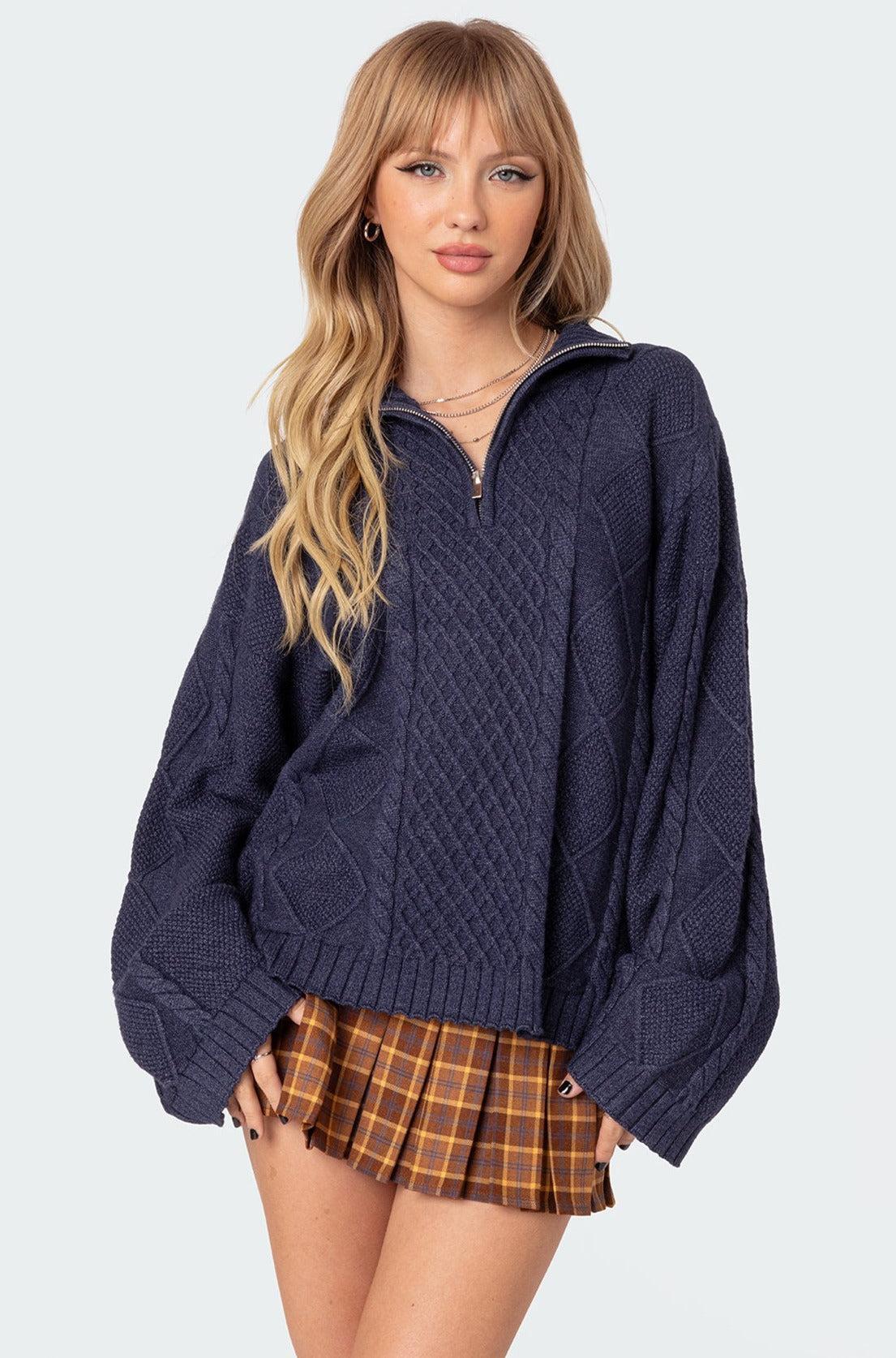 Oversized Quarter Zip Cable Knit Sweater Product Image