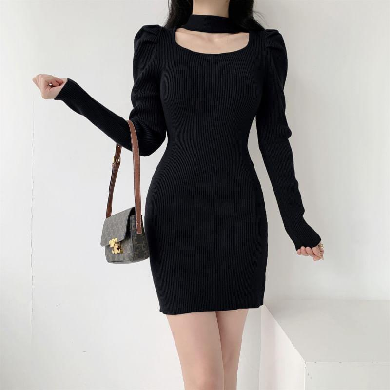 Long-Sleeve Mock Neck Plain Cutout Ribbed Mini Sheath Knit Dress Product Image