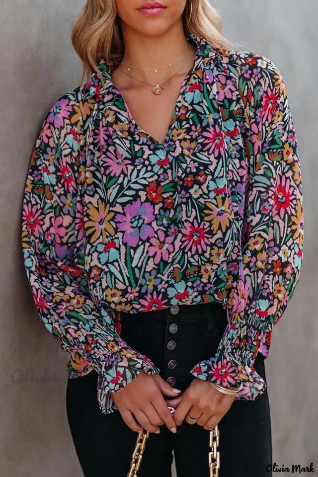 Olivia Mark – Floral Print Ruffled V-Neck Blouse with Long Sleeves in Multicolor Product Image