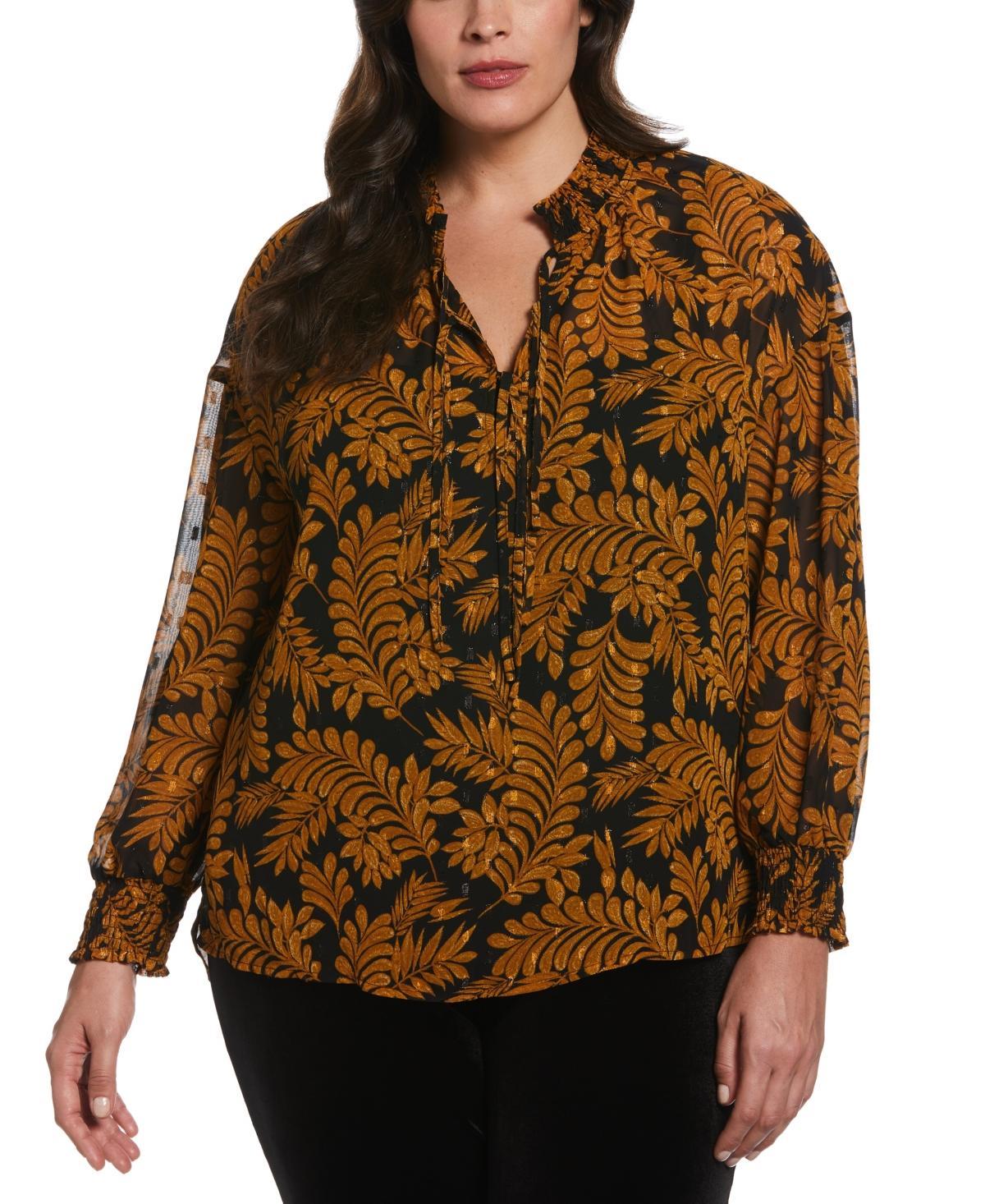 Ella Rafaella Plus Size Metallic Leaves Print Long Sleeve Blouse Product Image