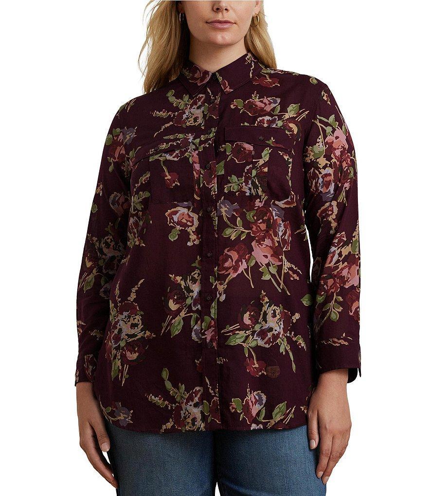 Lauren Ralph Lauren Plus Size Floral Cotton Voile Point Collar Long Sleeve Button-Front Shirt Product Image