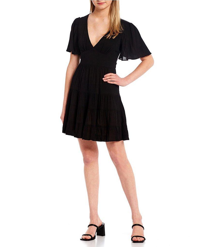 B. Darlin Flutter Short-Sleeve Deep V-Neck Ruffled Tier Fit-And-Flare Dress Product Image