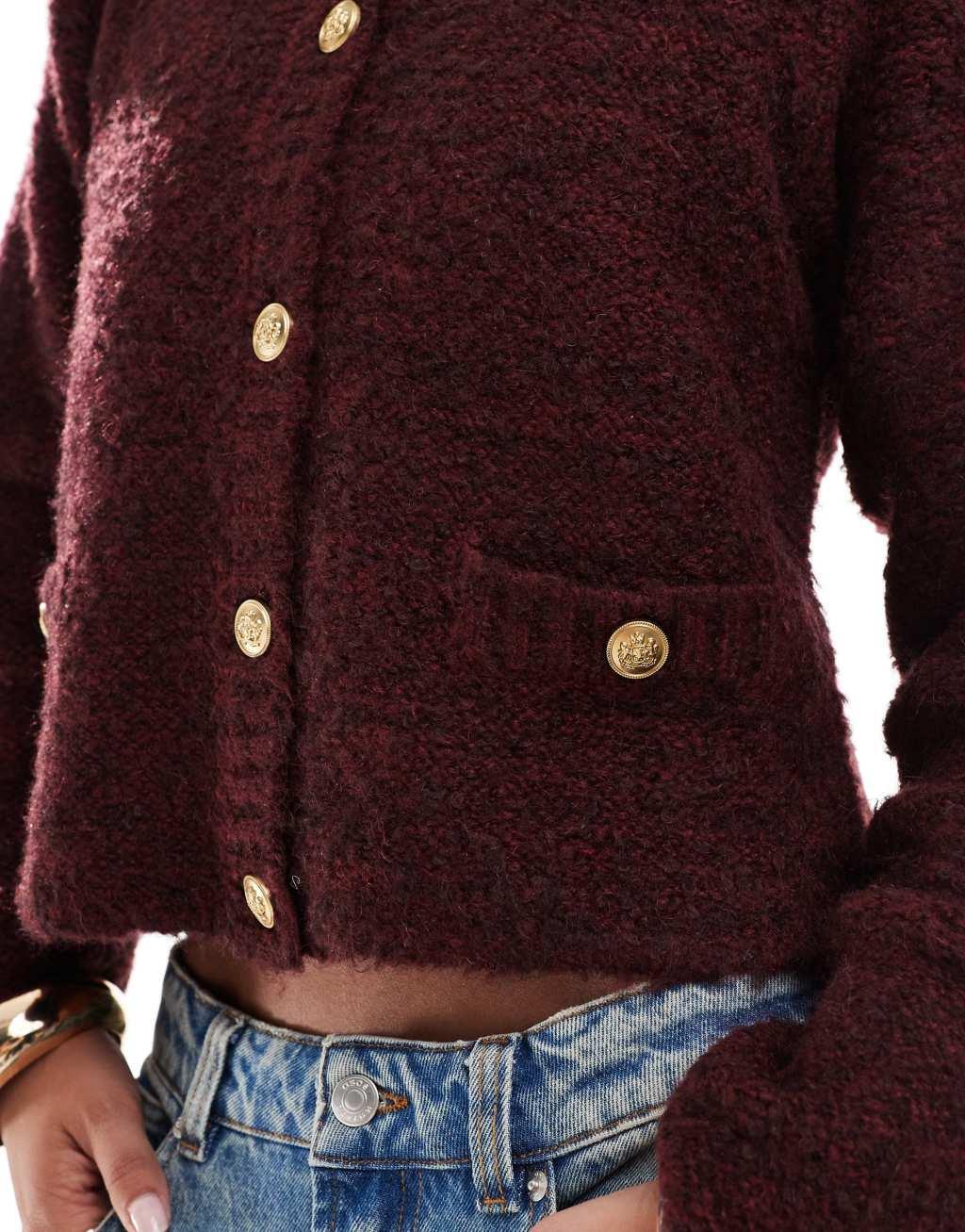 ASOS DESIGN crew neck cardigan in boucle yarn in burgundy Product Image