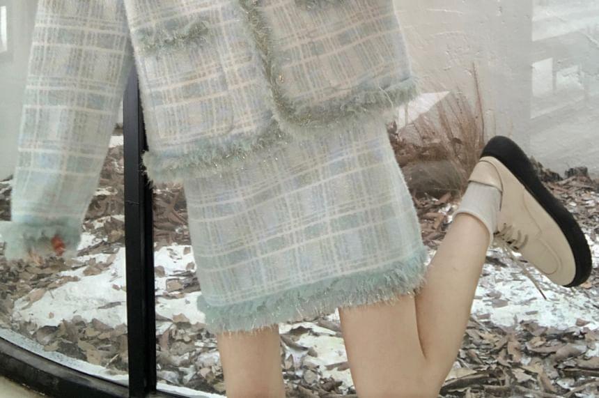 V-Neck Plaid Fray Cardigan / High Waist Mini A-Line Skirt / Set Product Image