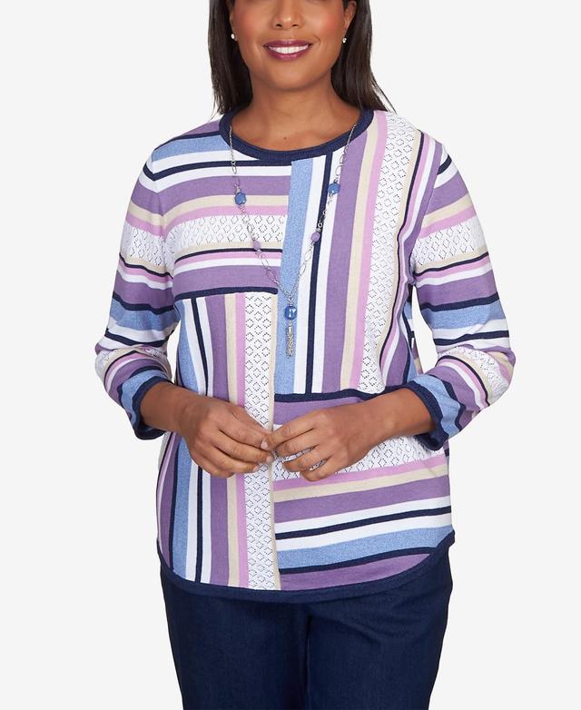 Alfred Dunner Petite Lavender Fields Blocked Stripe Shirttail Necklace Sweater Product Image