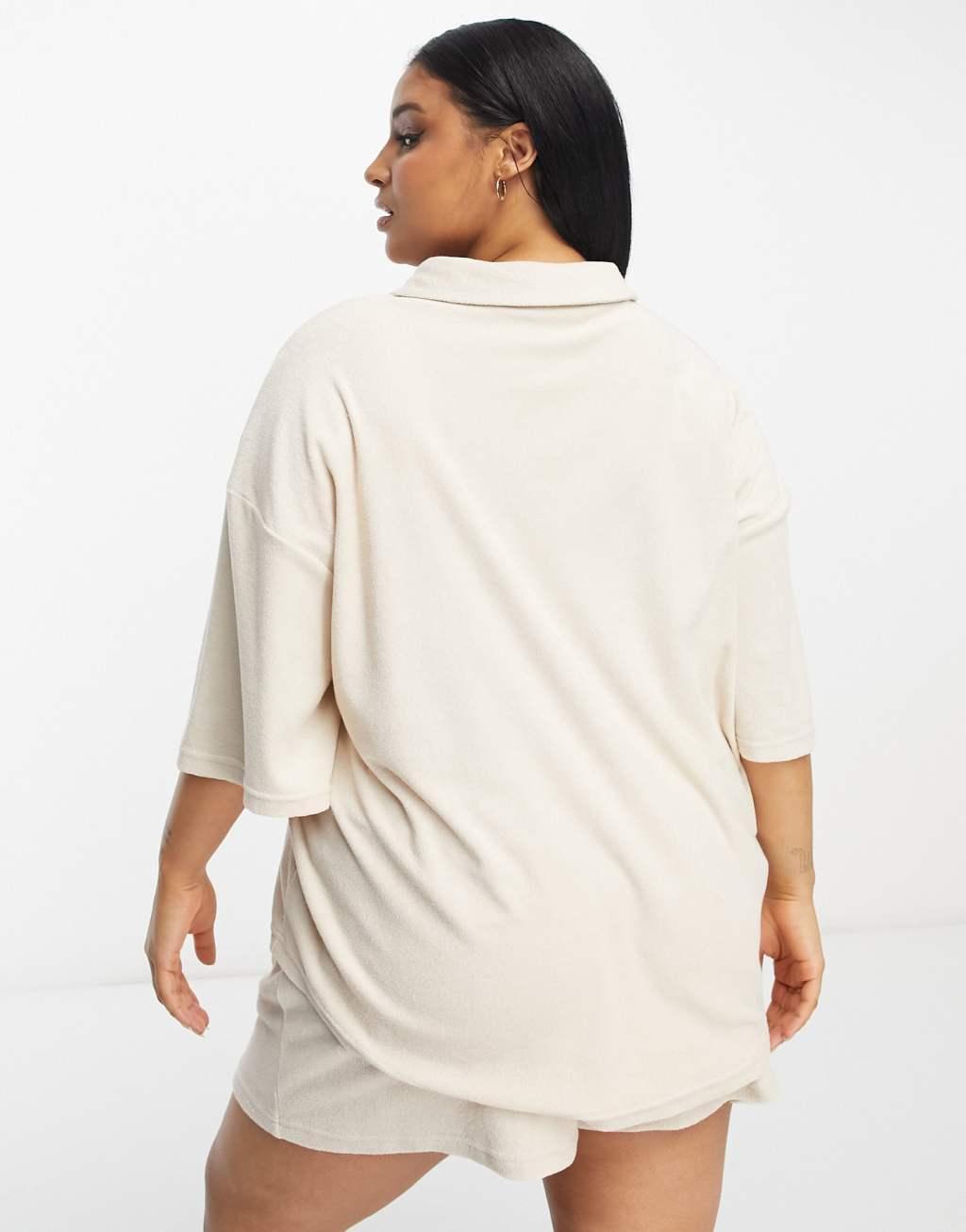 In The Style Plus towelling oversized beach shirt in cream - part of a set Product Image