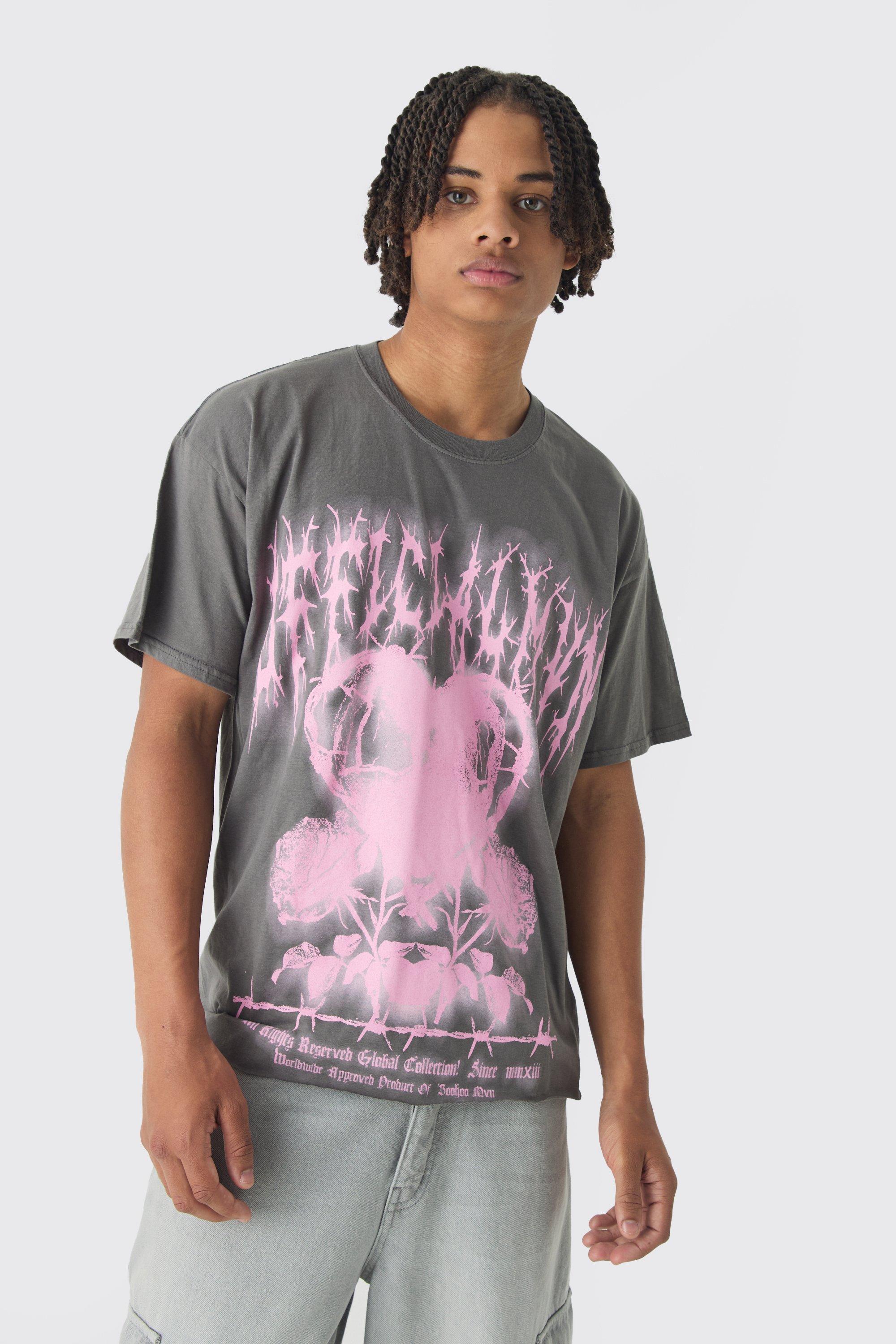 Oversized Boxy Distressed Gothic Heart Print T-Shirt | boohooMAN USA Product Image