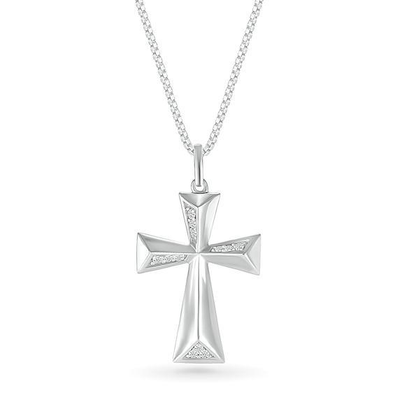 Men's 1/8 CT. T.w. Diamond Three-Dimensional Pyramid-Style Flared Cross Pendant in 10K White Gold - 22" Product Image