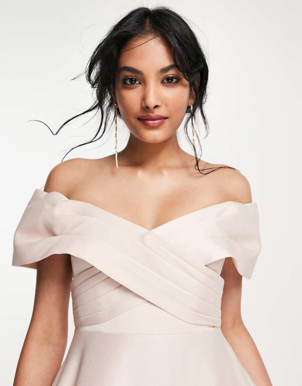 ASOS DESIGN Bridesmaid satin bardot maxi dress with full skirt in sage green Product Image