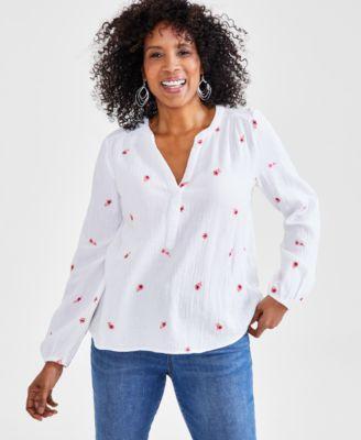 Women's Cotton Embroidered Split-Neck Gauze Blouse, Created for Macy's Product Image