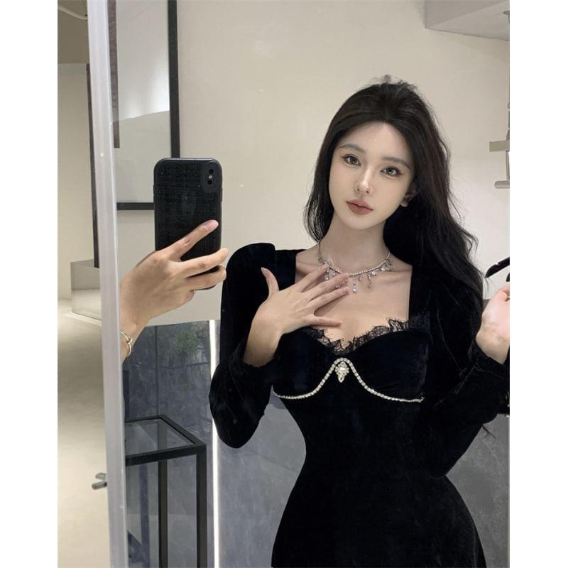 Long-Sleeve Rhinestone Lace Trim Velvet Mini A-Line Dress Product Image